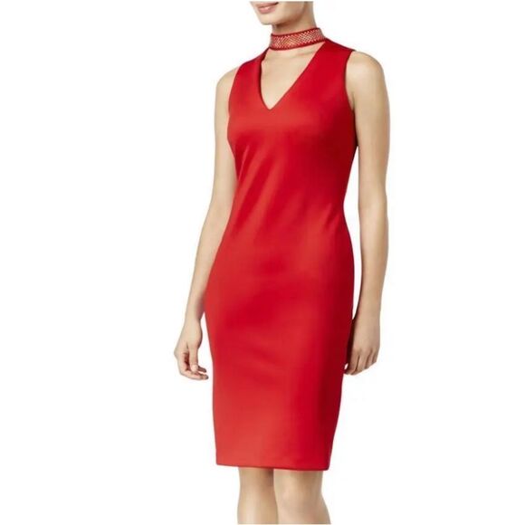Calvin Klein Women's Red Sleeveless V-Neck Scuba Sheath Dress Sz 4 NWT🏷 - Picture 1 of 16